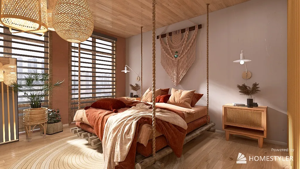 Bohemian Natural Wood Bedroom 3d design renderings