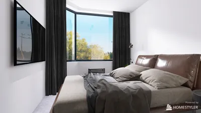 modern bedroom design showcasing a cozy bed arrangement with soft bedding, emphasizing minimalist style and natural light, featuring Homestyler's real-time 3D rendering for an immersive design preview.