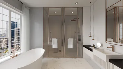 modern bathroom design featuring a sleek bathtub and stylish shower area with glass doors, showcasing a contemporary aesthetic while utilizing Homestyler's real-time 3D rendering for a precise visualization of interior decor elements.