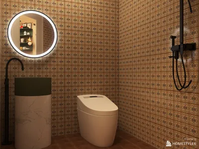 Modern bathroom design featuring a smart toilet and a circular mirror with backlighting, styled with vintage patterned tiles for an inviting atmosphere, showcasing Homestyler's 3D rendering capabilities.