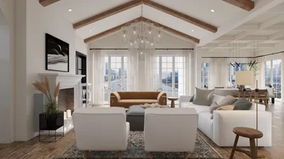 spacious living room featuring modern furniture arrangement in a cozy design style with a warm ambiance, showcasing the Homestyler's real-time 3D rendering functionality for interior decor optimization