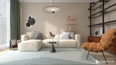 Modern living room with a cozy sectional sofa and stylish coffee table, showcasing a minimalist design that enhances space; featuring Homestyler's real-time 3D rendering for design visualization.