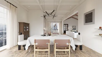 Modern dining room furniture arrangement featuring a spacious table and stylish chairs in a contemporary setting, enhancing interior decor and optimizing space with Homestyler's smart furniture layout feature.