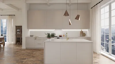 Modern kitchen design featuring a spacious island with a minimalist aesthetic and neutral color palette, enhancing functionality and style; utilizes Homestyler's real-time 3D rendering for accurate design visualization.