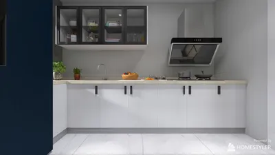 modern kitchen design featuring a sleek countertop and cabinets, showcasing smart furniture arrangement for optimal space usage with Homestyler's real-time 3D rendering feature.