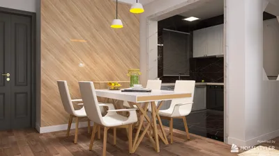 A modern dining area featuring a sleek table and stylish chairs, showcasing an open layout design with a contemporary aesthetic, optimized for interior decor using Homestyler's real-time 3D rendering feature.