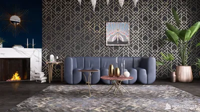 living room with a modern blue sofa and decorative coffee table featuring geometric patterns, designed in a luxury aesthetic with a focus on contemporary interior decor, showcasing Homestyler's real-time 3D rendering feature.