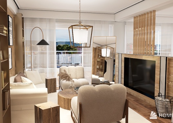 Natural Wood Minimalistic Living Room  Design Rendering