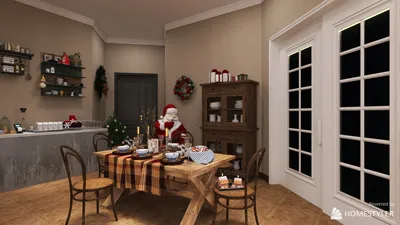 dining area featuring a festive table setting with Santa Claus decorating the scene in a cozy farmhouse style, ideal for holiday gatherings, showcasing Homestyler's real-time 3D rendering feature.