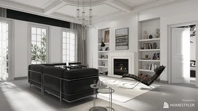 Modern living room featuring a stylish black sofa and a sleek lounge chair, designed to optimize interior decor with a cozy atmosphere, showcasing Homestyler's real-time 3D rendering for effective design proposals.