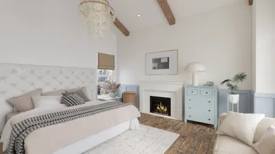 modern bedroom featuring a cozy atmosphere with a fireplace and soft lighting, designed with a minimalist aesthetic for optimal interior decor, showcasing Homestyler's real-time 3D rendering feature.