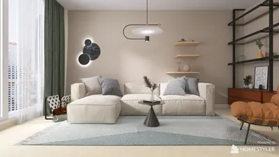 modern sofa arrangement featuring a cozy seating area with a minimalist style in a contemporary living room, showcasing Homestyler's real-time 3D rendering for design proposals.