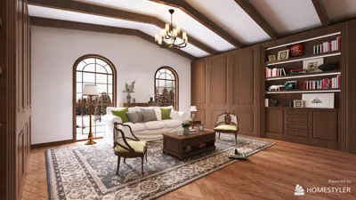 living room with cozy sofa and wooden accents featuring an elegant design style, showcasing interior design optimization using Homestyler's real-time 3D rendering feature.