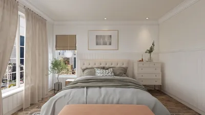 Modern bedroom design featuring a cozy bed with soft linens and a decorative pillow, enhanced by natural light streaming through large windows; utilizing Homestyler's real-time 3D rendering for quick design visualization.