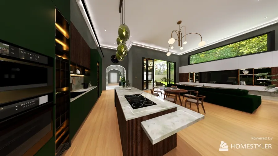 Living, Open plan kitchen and Dining Room 3d design renderings