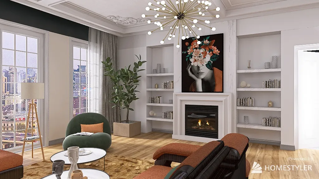 Living room with fireplace. 3d design renderings