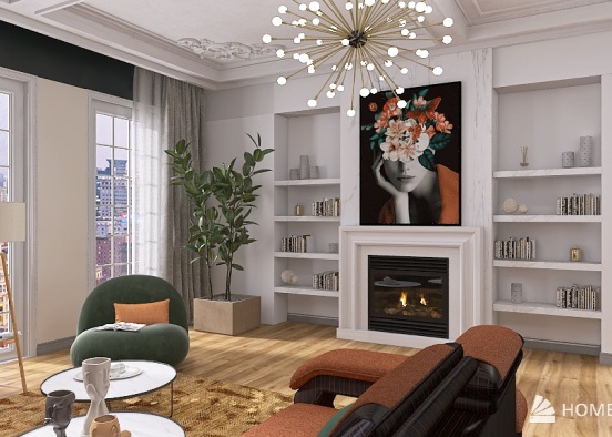 Living room with fireplace. Design Rendering