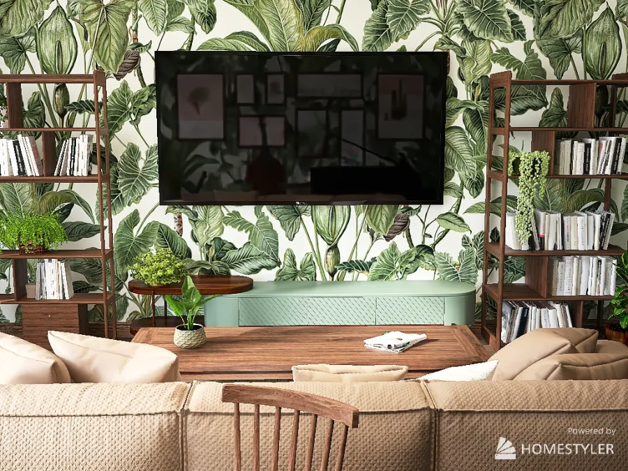 Wallpapered Living Room and Music Area 3d design renderings