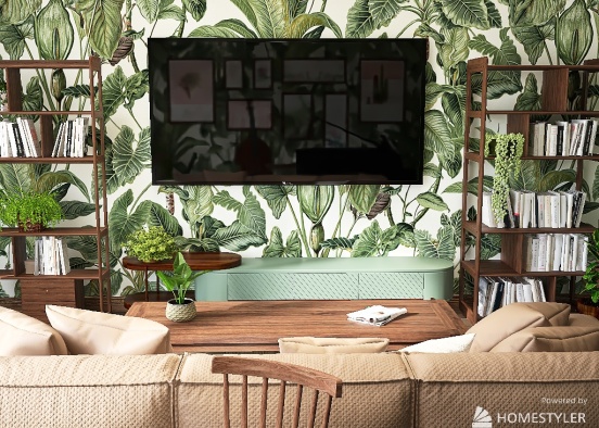 Wallpapered Living Room and Music Area Design Rendering