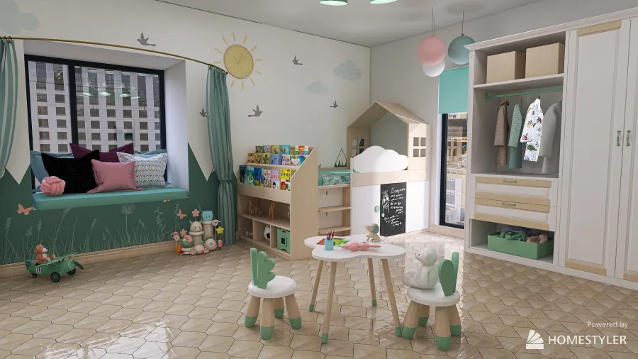 Soft Mint Kids Bedroom 3d design renderings