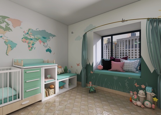 Soft Mint Kids Bedroom Design Rendering