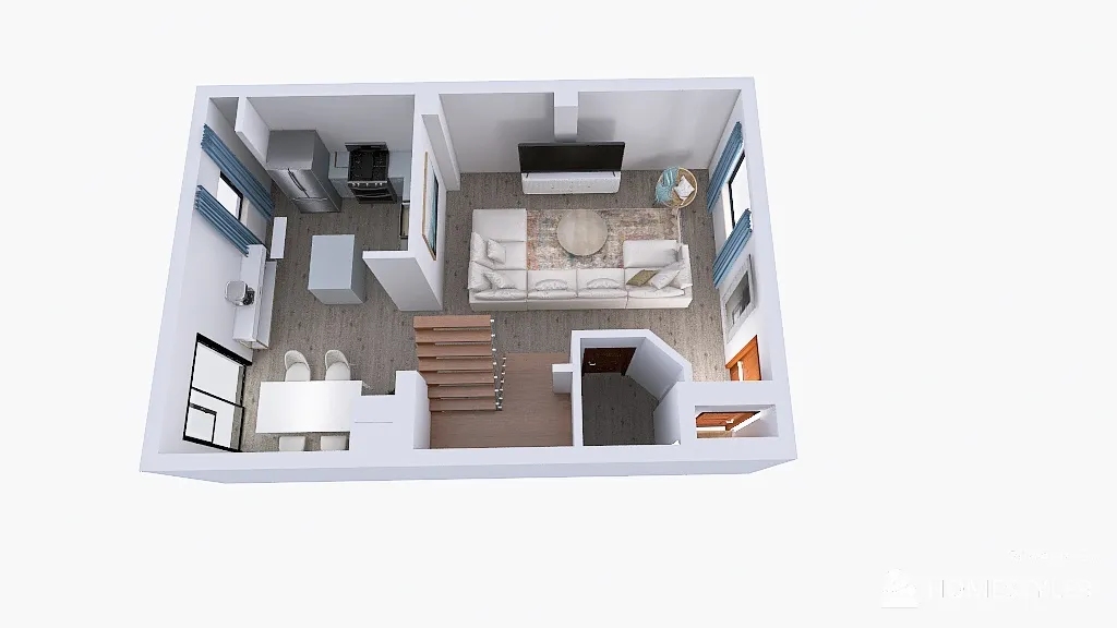 Main Floor - living couch against window 3d design renderings