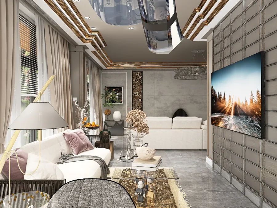Living room, hallway, kitchen 3d design renderings