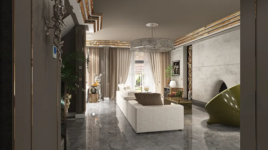 Living room, hallway, kitchen 3d design renderings