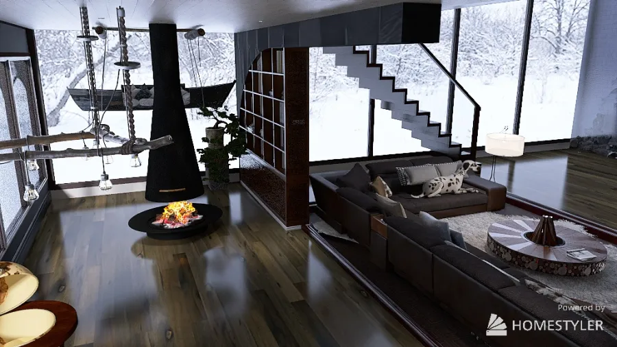 winter house (kitchen and living room) 3d design renderings