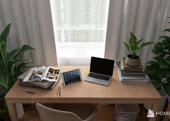 Plant-Filled Office and Simple Bedroom Design Rendering