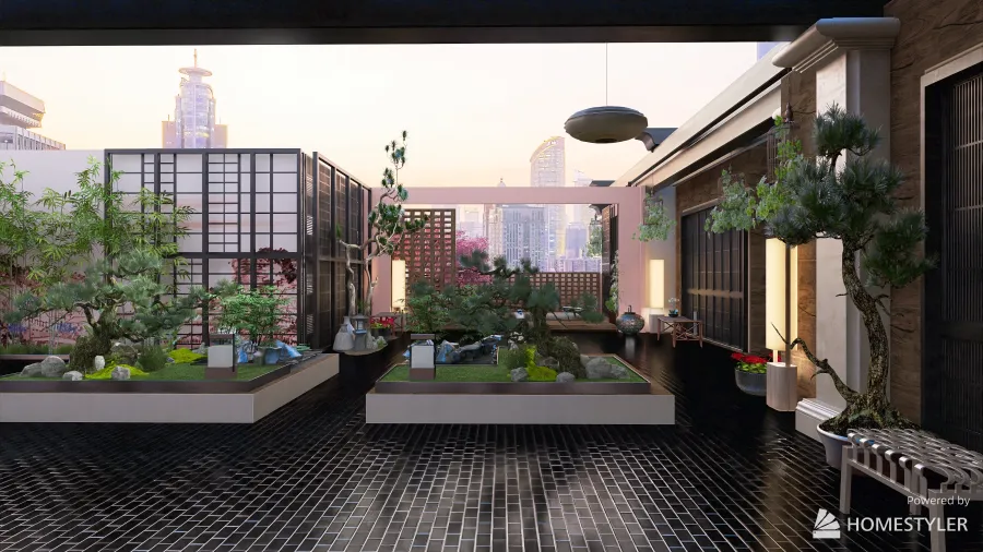 Urban Japanese rooftop garden 3d design renderings