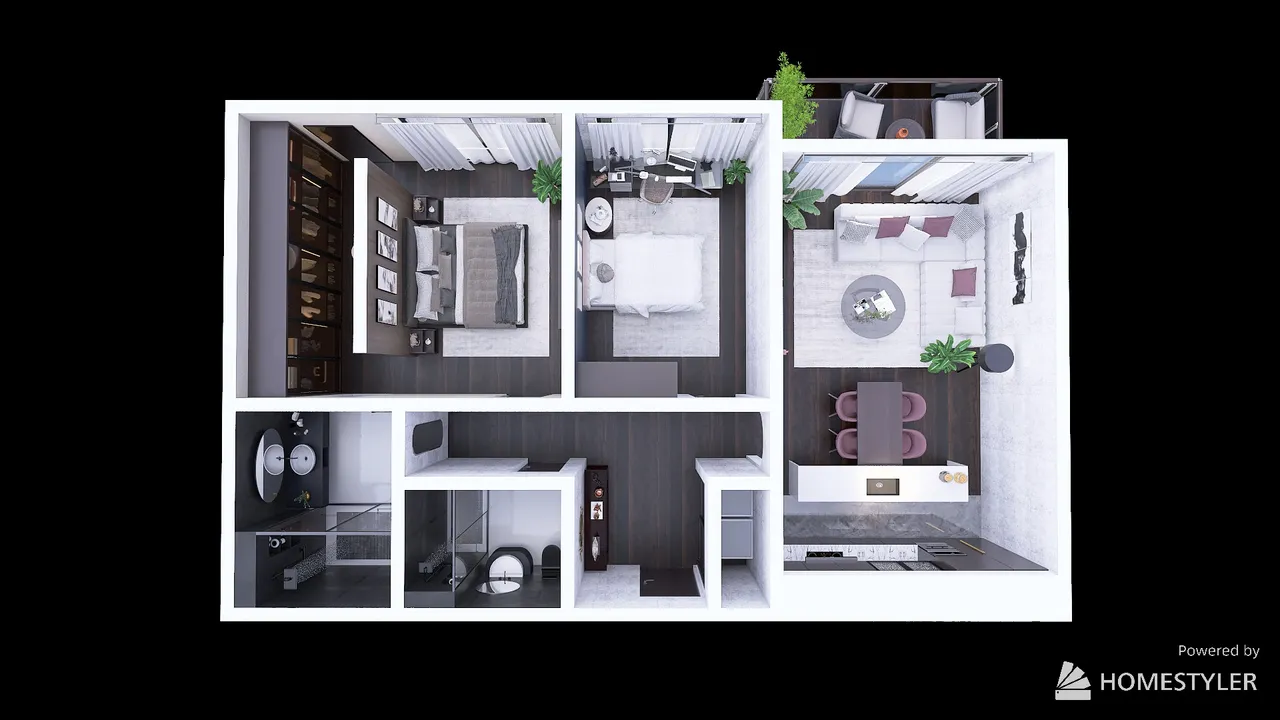 Two bedroom apartment 3d design renderings