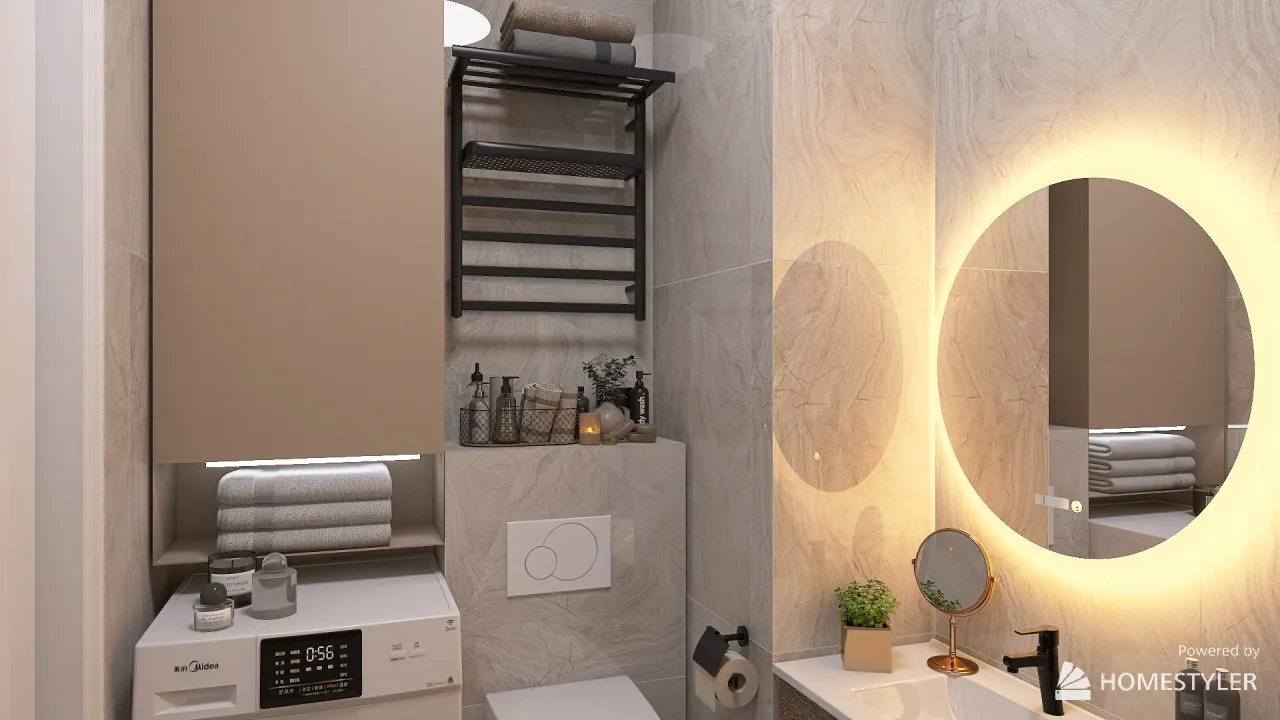 Bathroom with a round mirror 3d design renderings