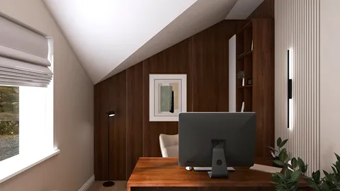 home office design featuring a wooden desk and computer, creating a modern and cozy workspace in a contemporary style, utilizing Homestyler's real-time 3D rendering feature for accurate design proposals.