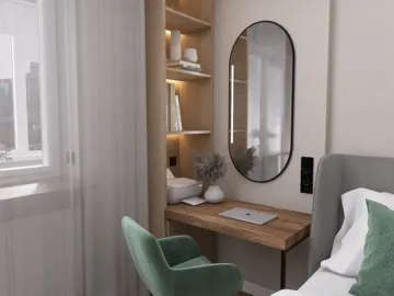 Modern bedroom workspace with wooden desk and green chair, designed with a minimalist style, optimizing the small space for better functionality using Homestyler's real-time 3D rendering feature.
