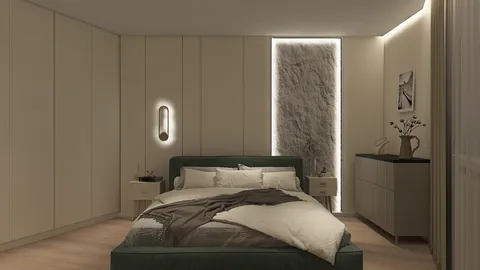 modern bedroom design featuring a cozy bed with neutral colors and soft textiles, utilizing Homestyler's real-time 3D rendering for an immersive interior decor experience.