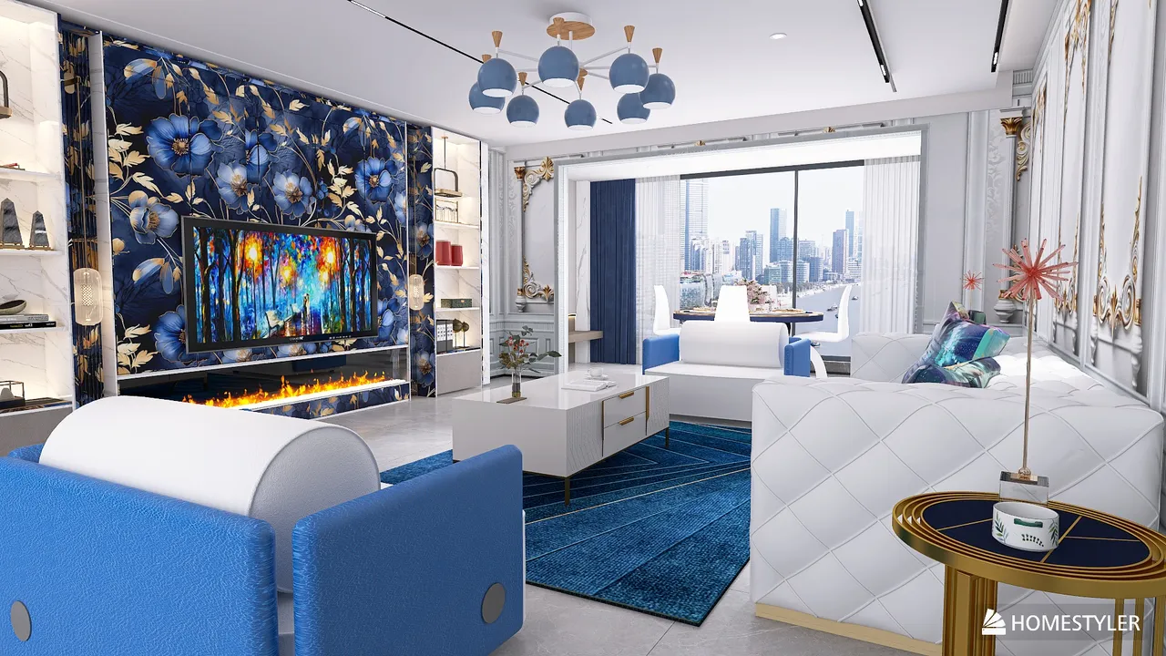 Apartment Blue and White 3d design renderings