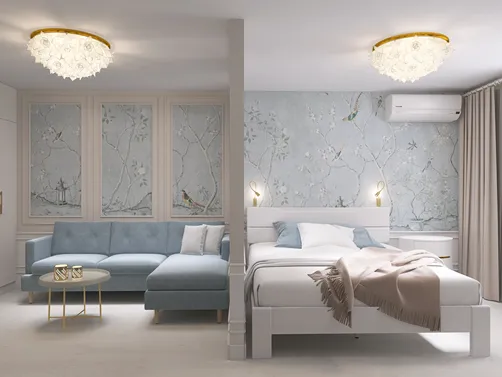 A bedroom combined with a living room in the style of modern classics and Chinoi