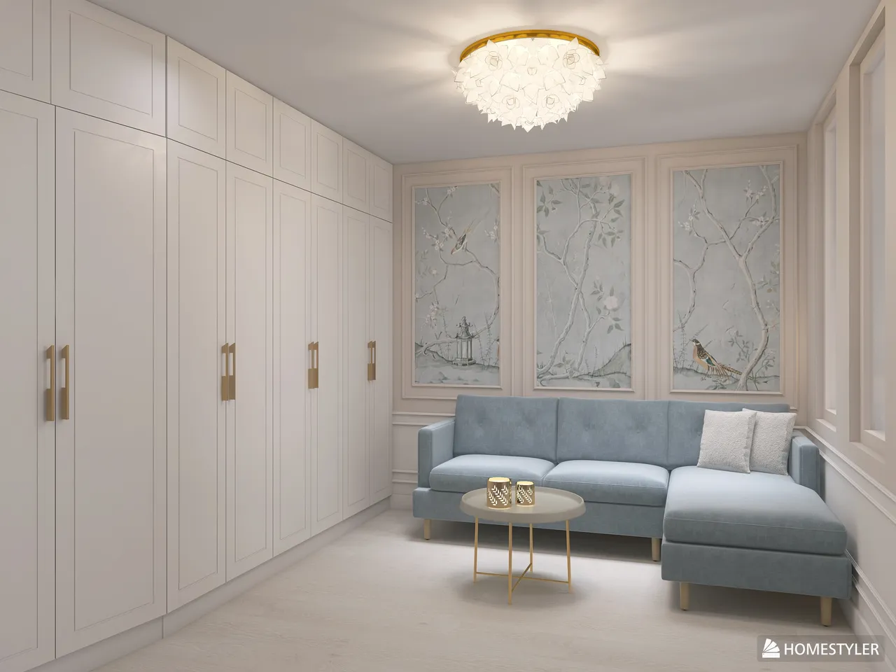 A bedroom combined with a living room in the style of modern classics and Chinoi 3d design renderings