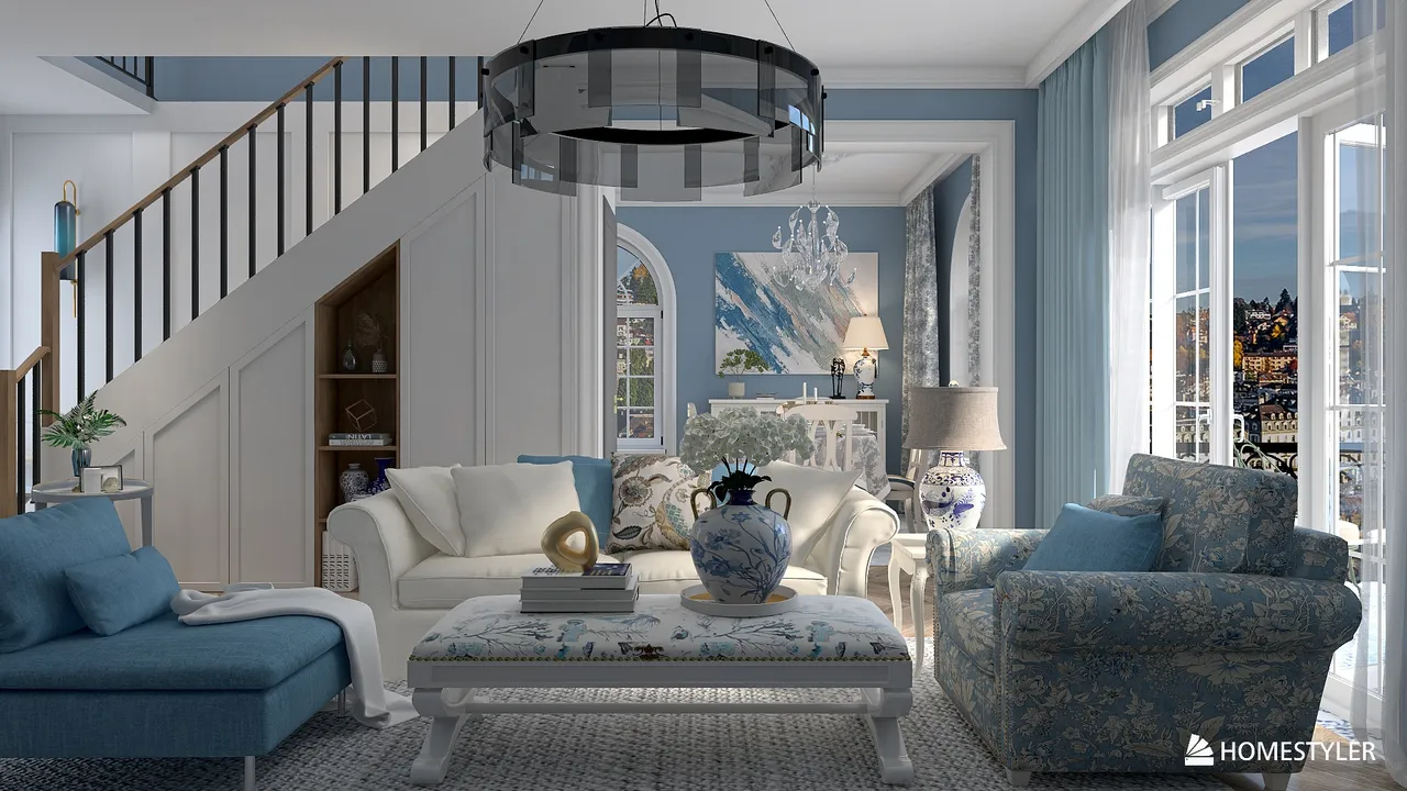 White and Blue Coastal Villa 3d design renderings