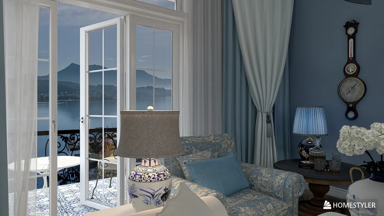 White and Blue Coastal Villa 3d design renderings