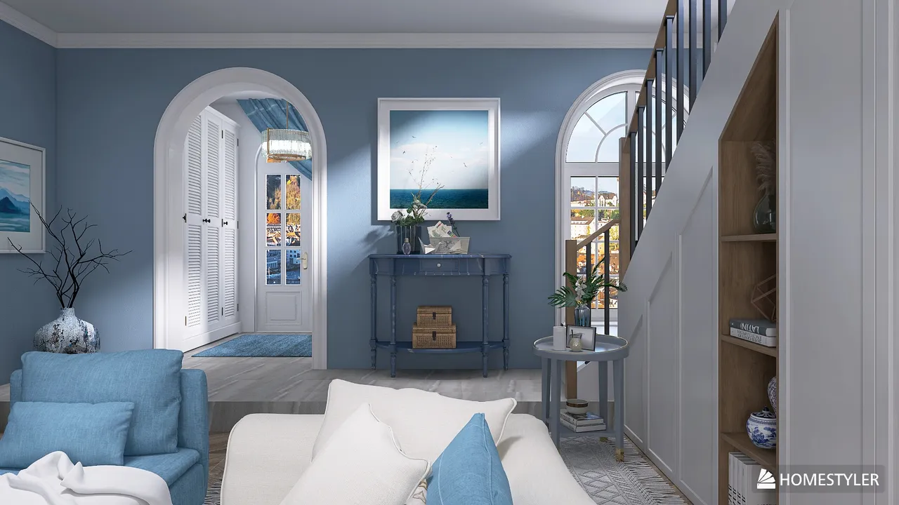 White and Blue Coastal Villa 3d design renderings