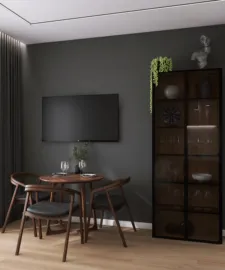 modern dining area with stylish wooden chairs and table, featuring a contemporary design, enhancing space functionality with a smart furniture arrangement using Homestyler