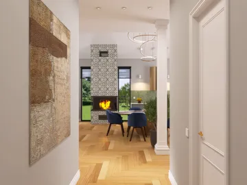 Stylish hallway leading to a cozy living area with a modern fireplace design featuring patterned tiles, incorporating a homey atmosphere with natural light; showcasing Homestyler's real-time 3D rendering capabilities for interior decor.