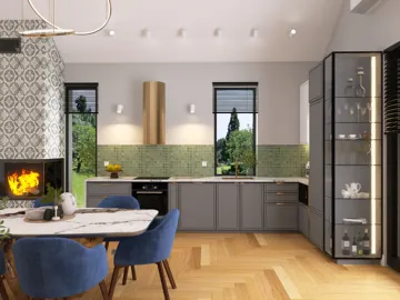 modern kitchen interior design featuring a stylish dining area and open layout with green tile backsplash, showcasing Homestyler's real-time 3D rendering capability