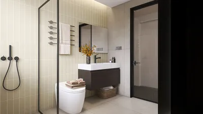 modern bathroom design featuring a sleek vanity and shower space with glass enclosure, utilizing Homestyler's real-time 3D rendering for accurate visualization.