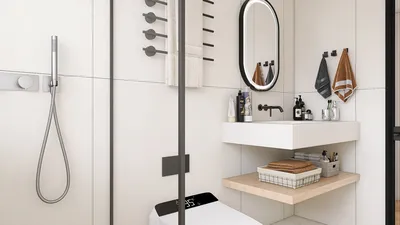 modern bathroom design showcasing a shower area and a minimalist wash basin with storage, enhancing space utilization for interior decor; featuring Homestyler's real-time 3D rendering for quick visualization.