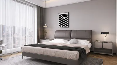 modern bedroom design featuring a sleek bed with neutral tones and minimalist decor, showcasing interior decor ideas; includes Homestyler's real-time 3D rendering feature.