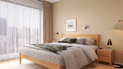 modern bedroom interior design featuring a cozy bed arrangement with soft bedding, highlighting a minimalist style and utilizing Homestyler's real-time 3D rendering for effective visual previews.