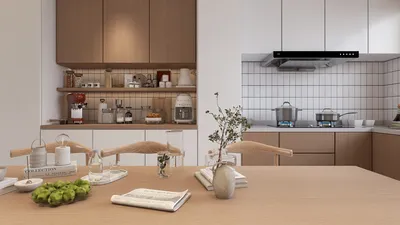 Modern kitchen design featuring a wooden dining table and stylish cabinetry with a focus on functionality and minimalism, showcasing the smart furniture arrangement feature of Homestyler.